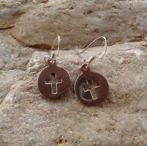 Sterling silver circle cut out cross earrings